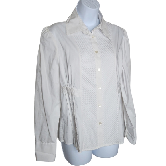 Samuel Dong Pleated Ruffle Button Up White Dressy Shirt Size Medium Women's - Picture 2 of 11